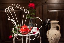 Still Life With Antique Chair, Flowers And Tea Stock Image Still Life With Antique Chair, Flowers And Tea Stock Image