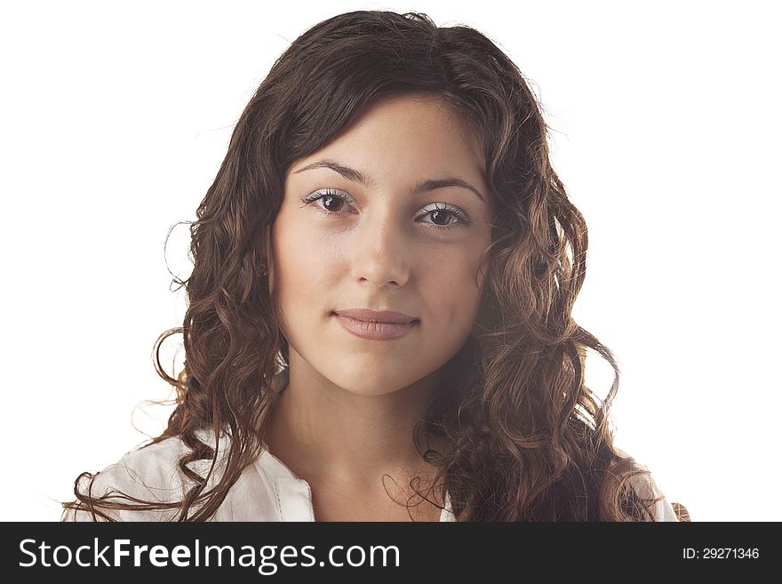 Pretty girl with long brown hair portrait isolated white. Pretty girl with long brown hair portrait isolated white