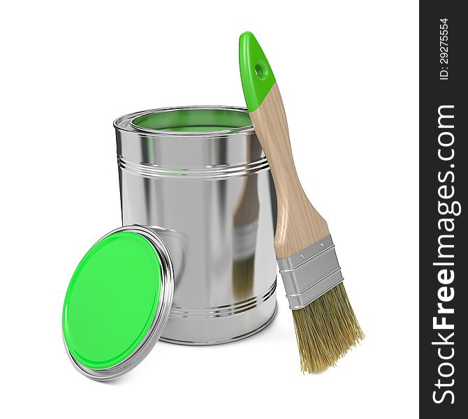 Paint Can with Green Paint and Paintbrush Isolated on White Background. Paint Can with Green Paint and Paintbrush Isolated on White Background.