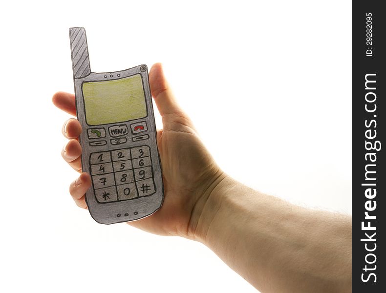 Man hand with drawing paper mobile phone isolated. Man hand with drawing paper mobile phone isolated