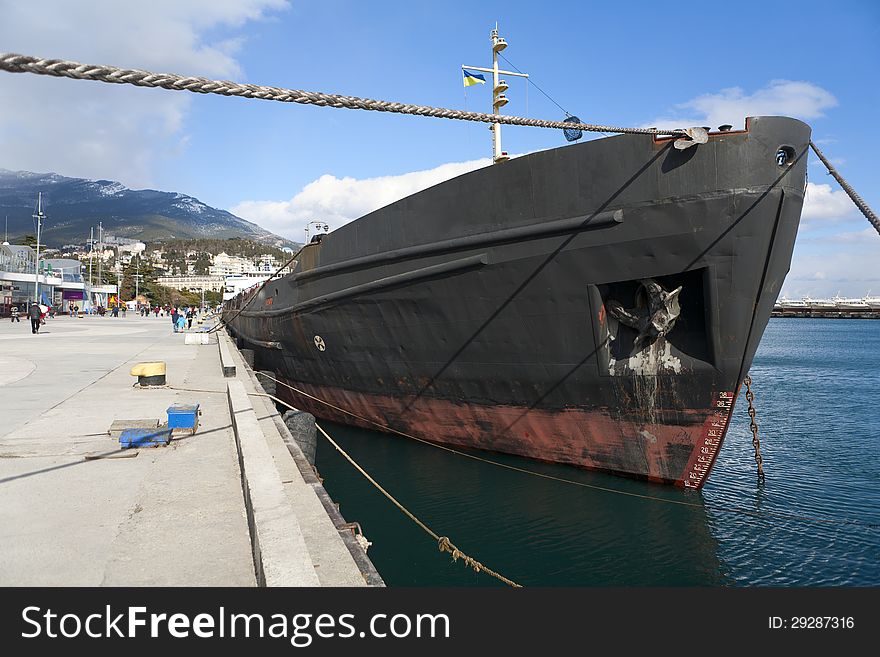 Cargo ship docked in port of Yalta