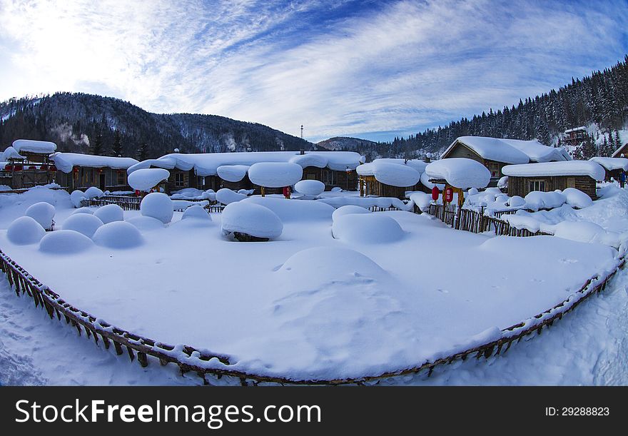 Chinese village covered by snow