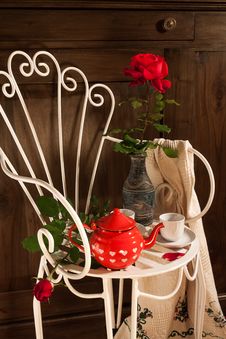 Still Life With Antique Chair, Flowers And Tea Stock Photo Still Life With Antique Chair, Flowers And Tea Stock Photo