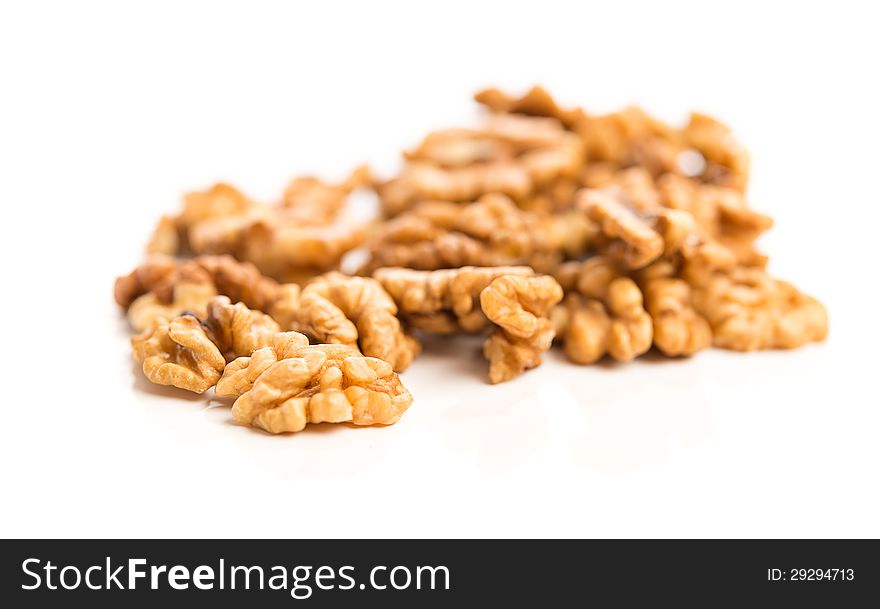 Walnut kernels on white background. healthy food