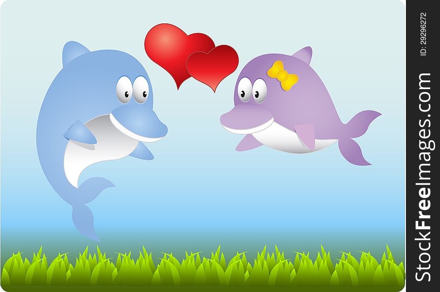 Beautiful illustration of in love dolphins.