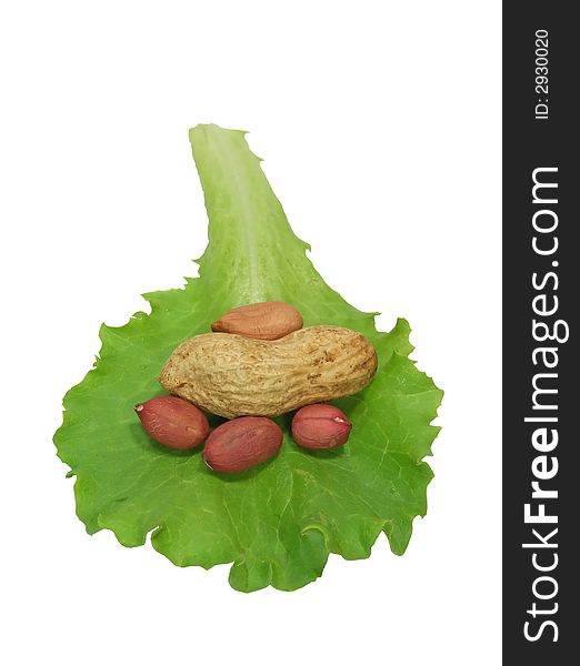 Leaf of salad and peanuts on a white background. Leaf of salad and peanuts on a white background