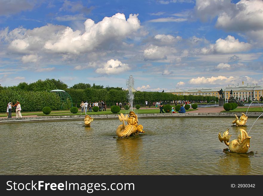 Landscape with old fountain, trees and clouds. Landscape with old fountain, trees and clouds