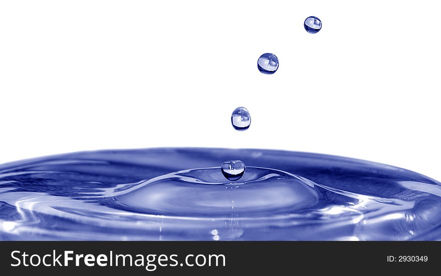 Isolated blue drops are falling down and impact with liquid surface. Isolated blue drops are falling down and impact with liquid surface