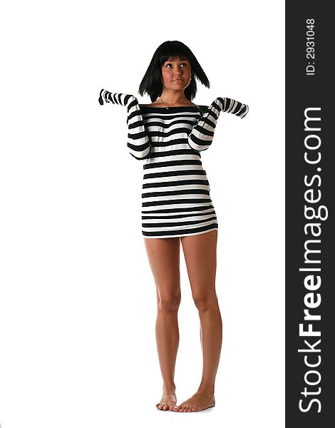 The girl in a striped dress on a white background