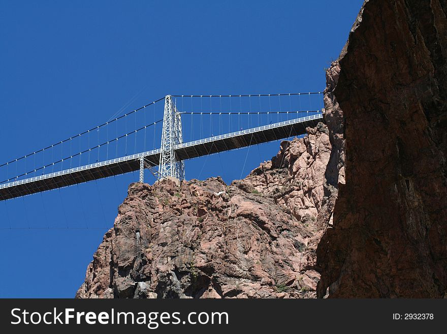The Royal Gorge Bridge as seen from the bottom of the gorge. The Royal Gorge Bridge as seen from the bottom of the gorge.