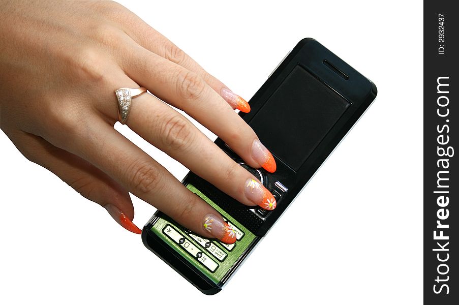 Phone in a female hand with manicure. Phone in a female hand with manicure