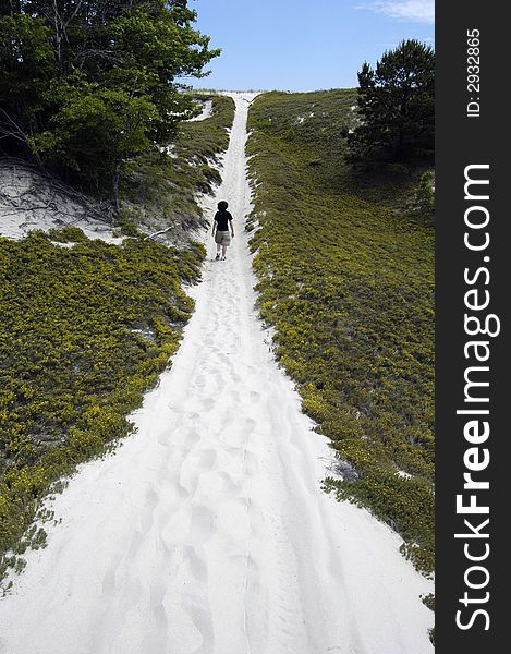 A man walking along a trail in some sand dunes in the New England region of the United States. A man walking along a trail in some sand dunes in the New England region of the United States.