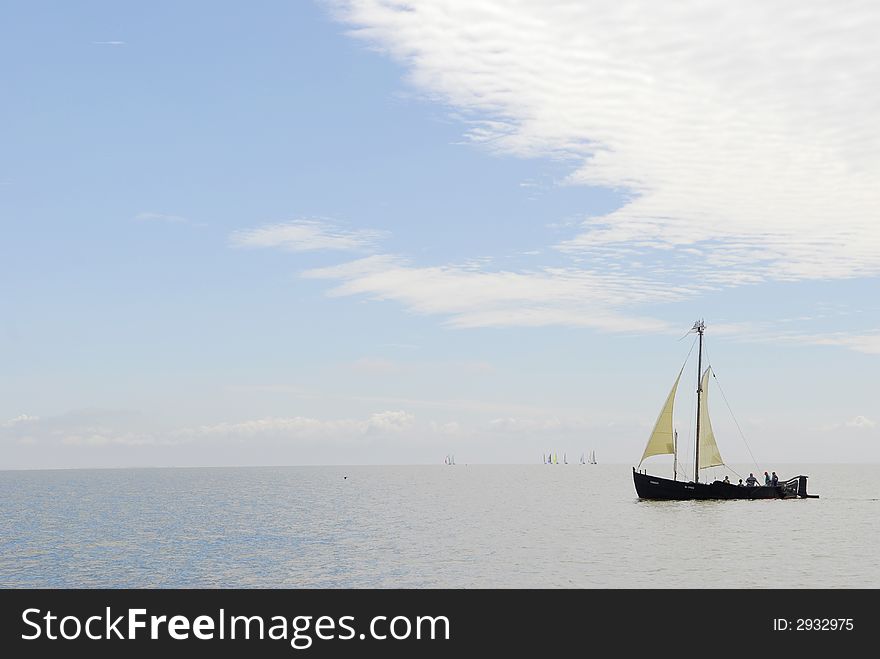 Old Ship Sails In Sea