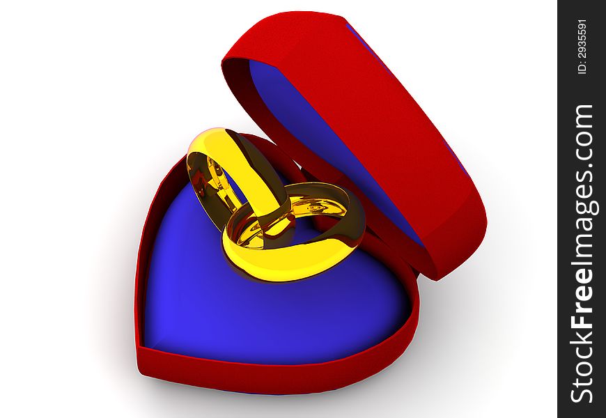 Very beautiful three-dimensional illustration, figure. Box as heart with  wedding rings. 3d