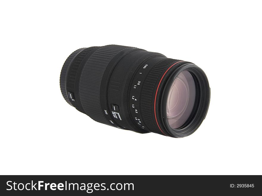 Photo of a telephoto lens with beautiful reflection on glass on white background