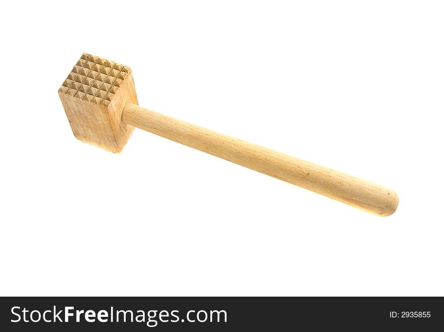 Photo of a wooden meat hammer on white background