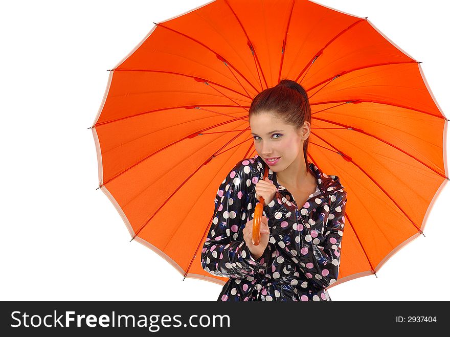 Happy girl holding orange umbrella. Happy girl holding orange umbrella