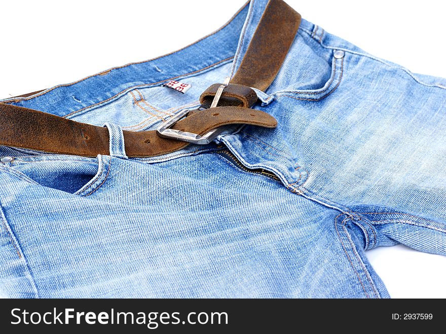 Part of female jeans with leather belt. Part of female jeans with leather belt.