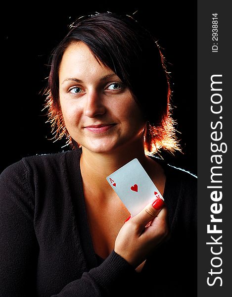 Portrait of a brunette nice girl with playing card. Portrait of a brunette nice girl with playing card.