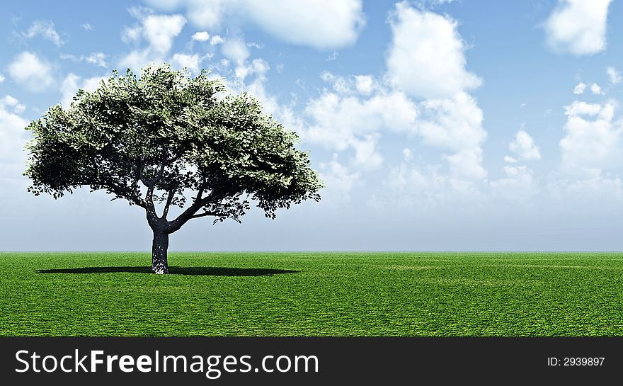 Alone tree and beautiful sky with clouds  - 3d landscape scene. Alone tree and beautiful sky with clouds  - 3d landscape scene.