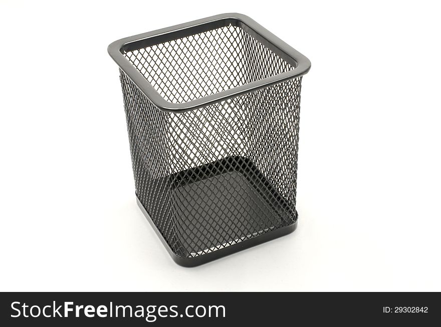 Clerical black metal basket on a white background. Clerical black metal basket on a white background