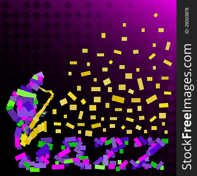 Abstract illustration, random rectangles make a silhouette of a saxophone player and the lettering JAZZ. Abstract illustration, random rectangles make a silhouette of a saxophone player and the lettering JAZZ.