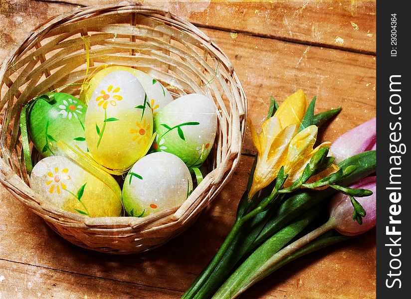 Vintage photo of Easter eggs in basket