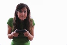 Woman Is Scarred Of A Console Game Stock Photo Woman Is Scarred Of A Console Game Stock Photo