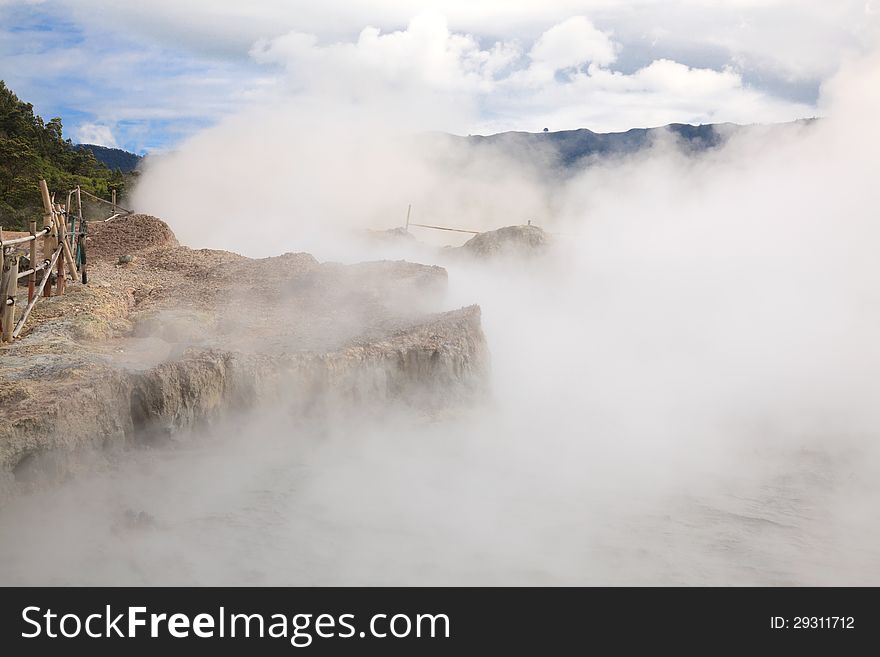 Sulfur Mud Volcano Pool on Plateau Dieng National Park, Java, Indonesia