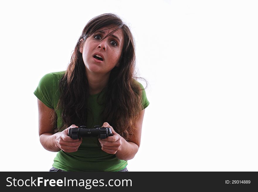 Female holding game controller is upset. Female holding game controller is upset.