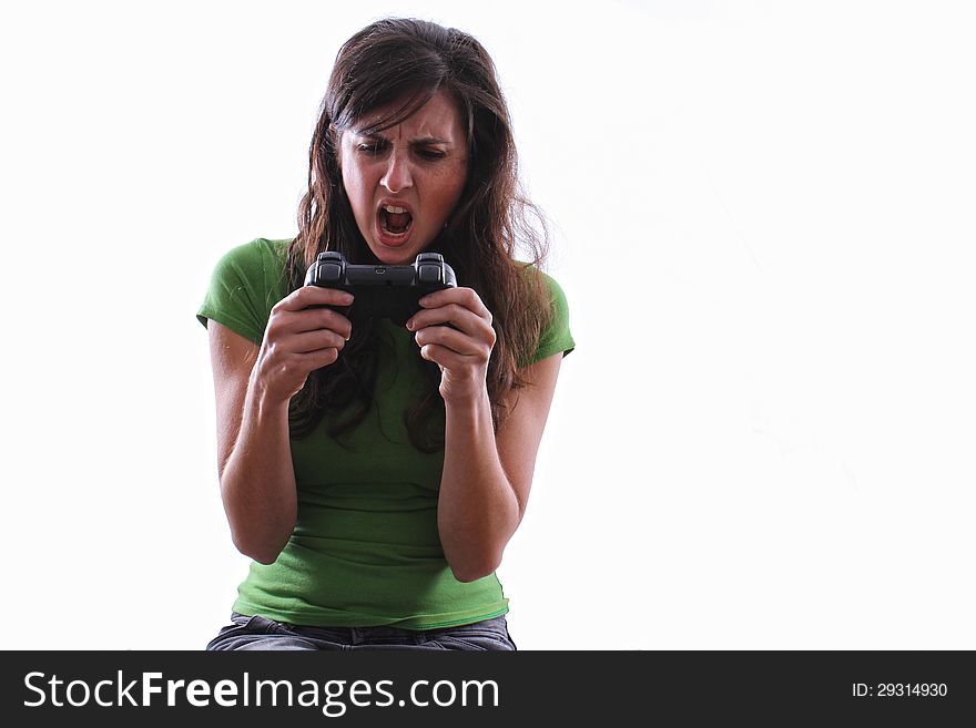 Woman screaming at game controller