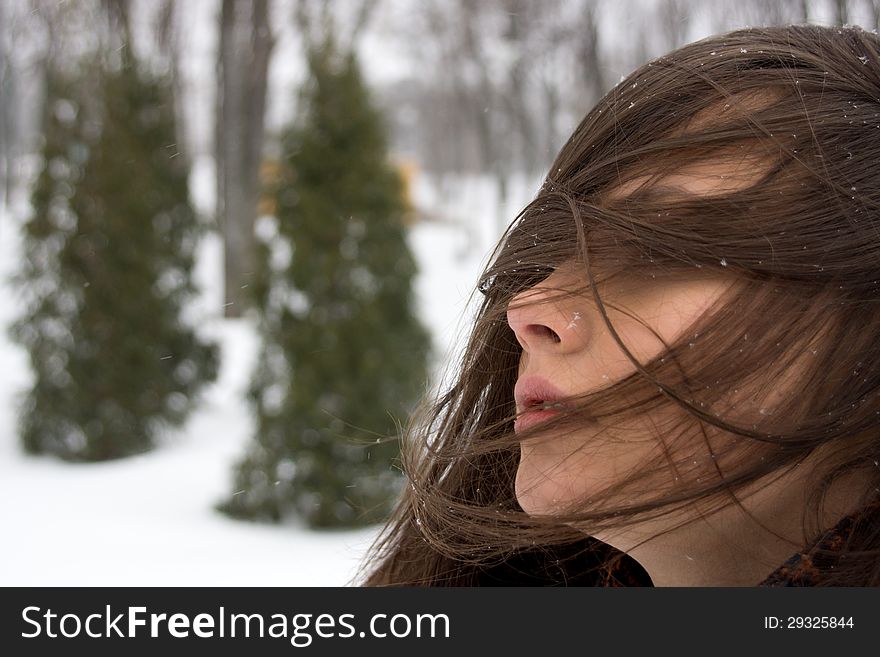 Portrait of a girl outdoors in winter. Portrait of a girl outdoors in winter.