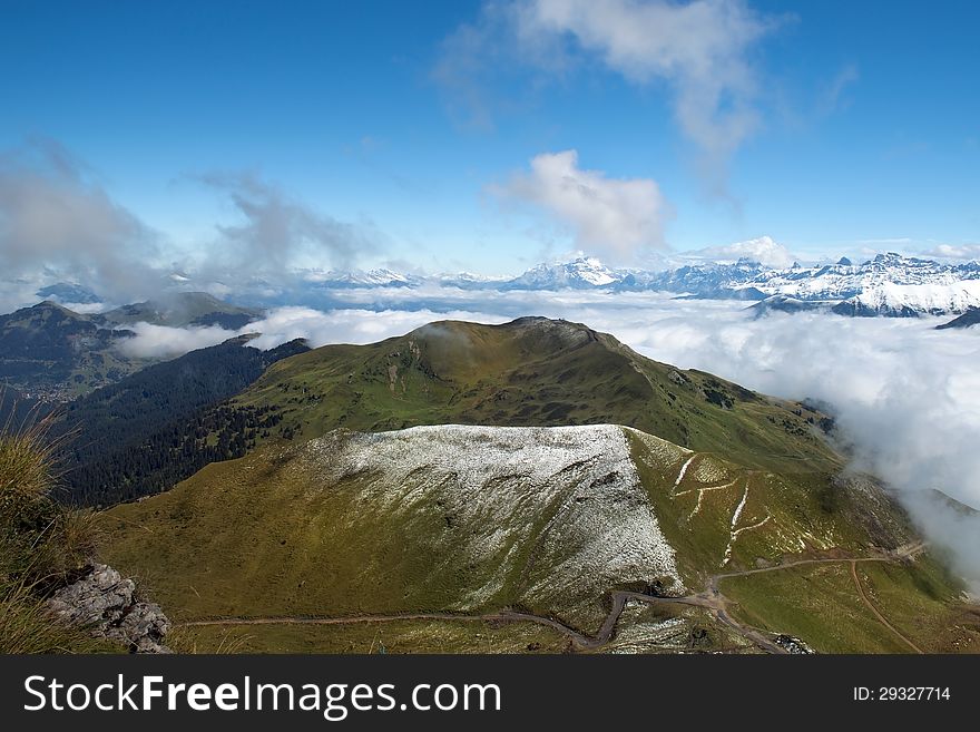 Morning mist in the Swiss Alps