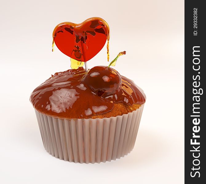 Cupcake for Valentine's day with honey, cherry and heart candy. Cupcake for Valentine's day with honey, cherry and heart candy