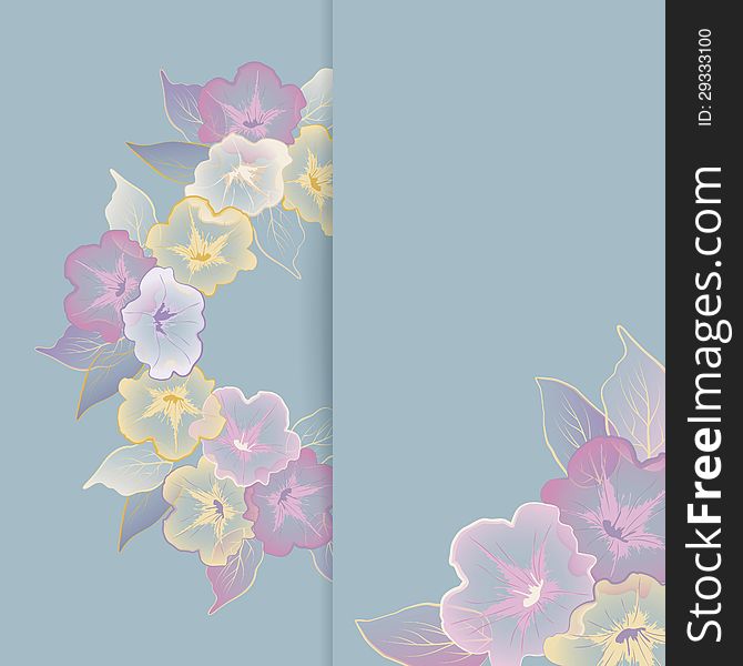 Floral template border vector design. Beautiful elegant transparent flowers and leaves, banner, shadow and copy-space in soft delicate pastel colors. Can be used as wedding, greeting, invitation card. Floral template border vector design. Beautiful elegant transparent flowers and leaves, banner, shadow and copy-space in soft delicate pastel colors. Can be used as wedding, greeting, invitation card
