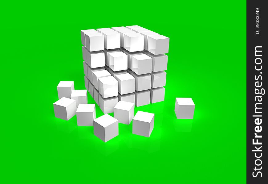 4x4 green disordered cube assembling from blocks on green background. 4x4 green disordered cube assembling from blocks on green background