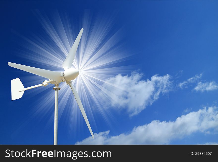 Wind Turbine and  Blue Sky with Light Beam - Clean Energy Concept