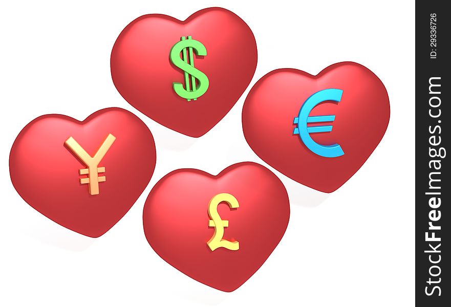 3d render model of Currency and Heart love symbol. 3d render model of Currency and Heart love symbol