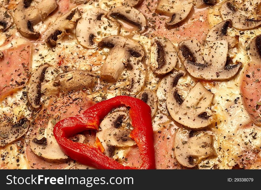 Detailed close up of pizza with mushrooms, cheese, ham and pepper