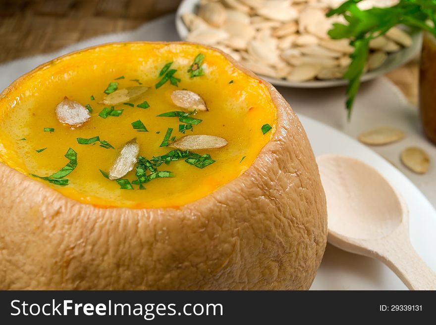 Pumpkin soup over open pumpkin