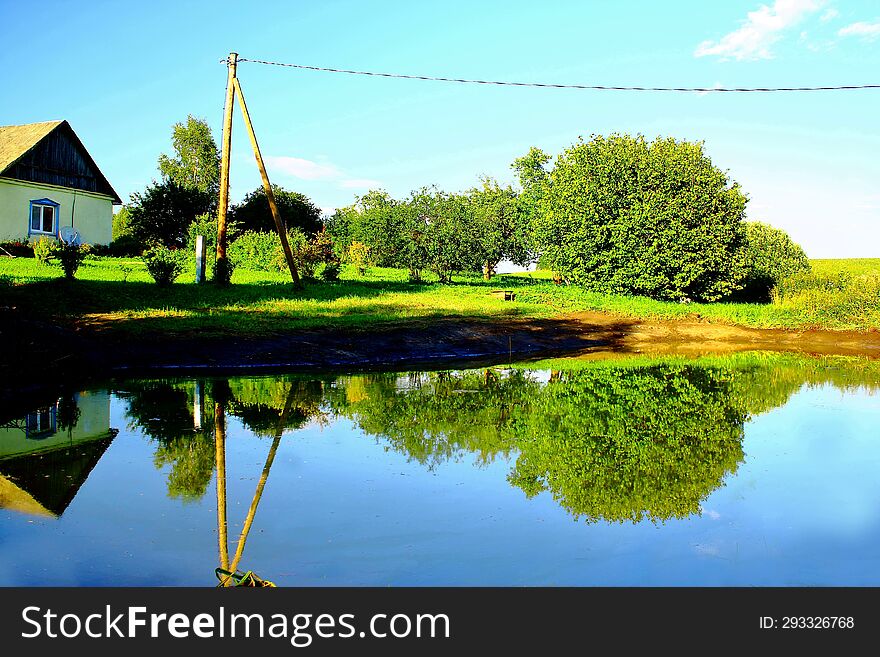 Village pond in Latvia in summer.