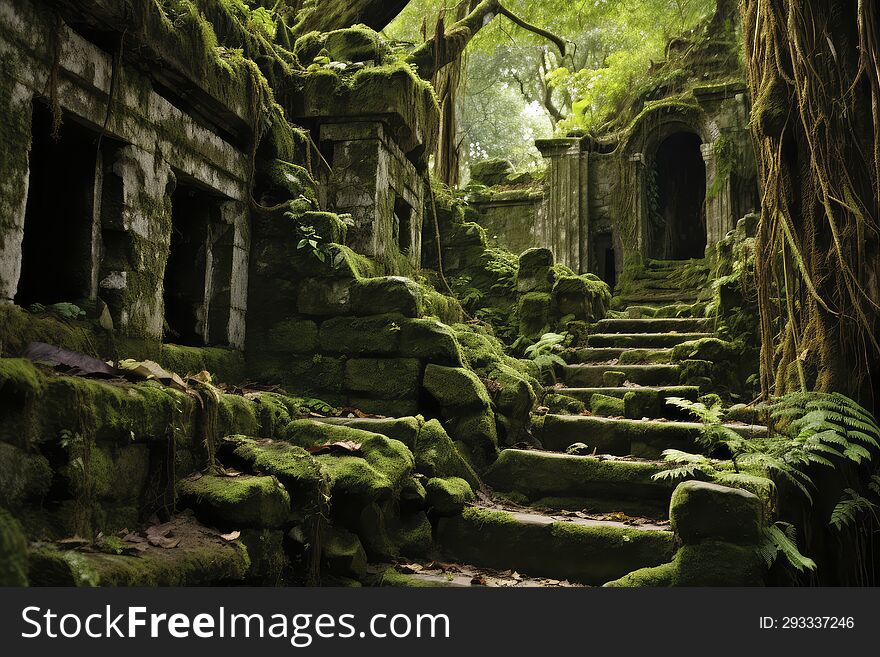 A testament to the passage of time, where man-made structures gradually succumb to nature& x27 s embrace. The lush green moss blankets the stones, marking its territory in the abandoned temple.