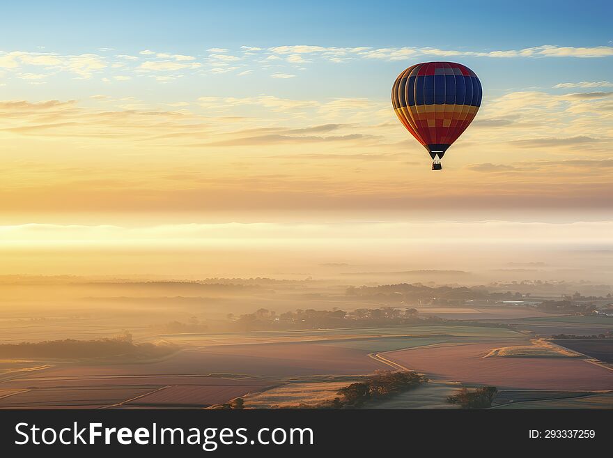 As the sun graces the horizon, casting its golden glow over the patchwork landscape, the hot air balloon rises in serene silence