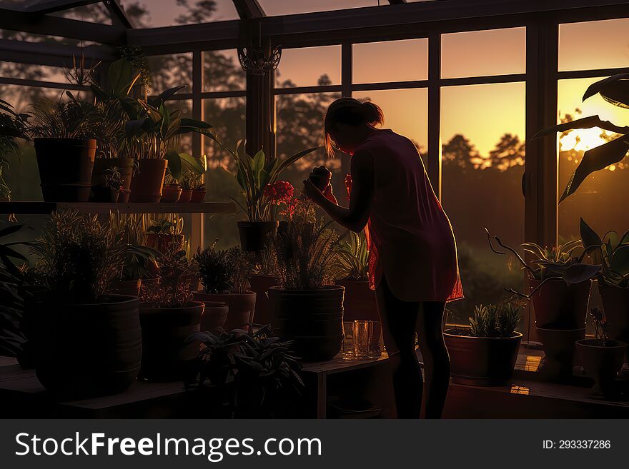 With a picturesque mountainous backdrop, a silhouette stands out, finding solace among potted wonders as day transitions into night.