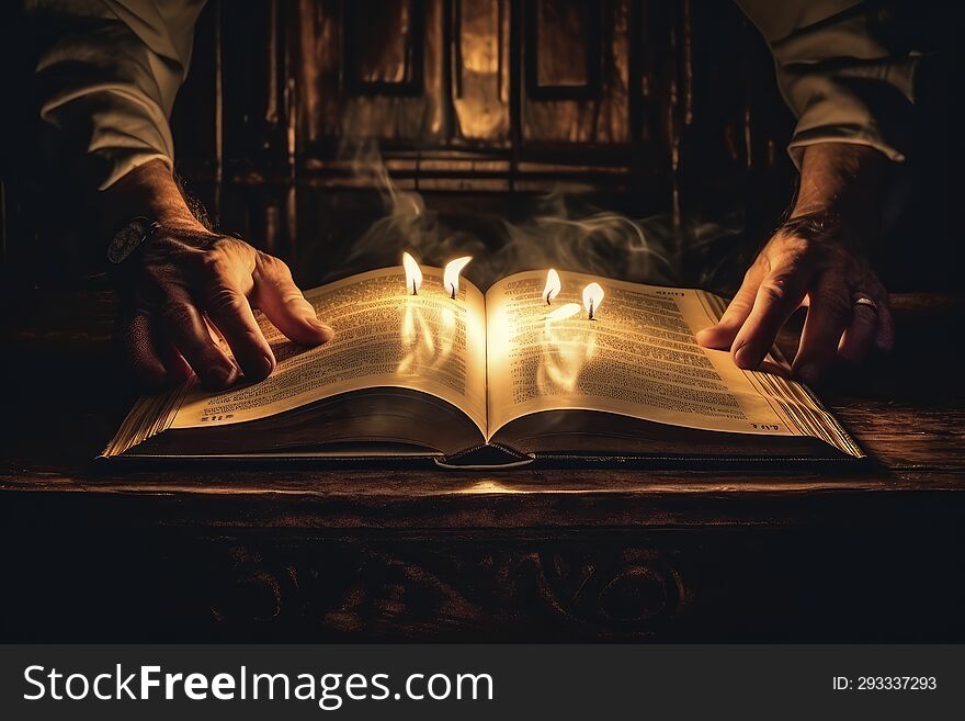 An Intimate Moment With Literature, A Hand Steadies A Candle, Illuminating Pages That Have Witnessed Countless Hours Of Reflection