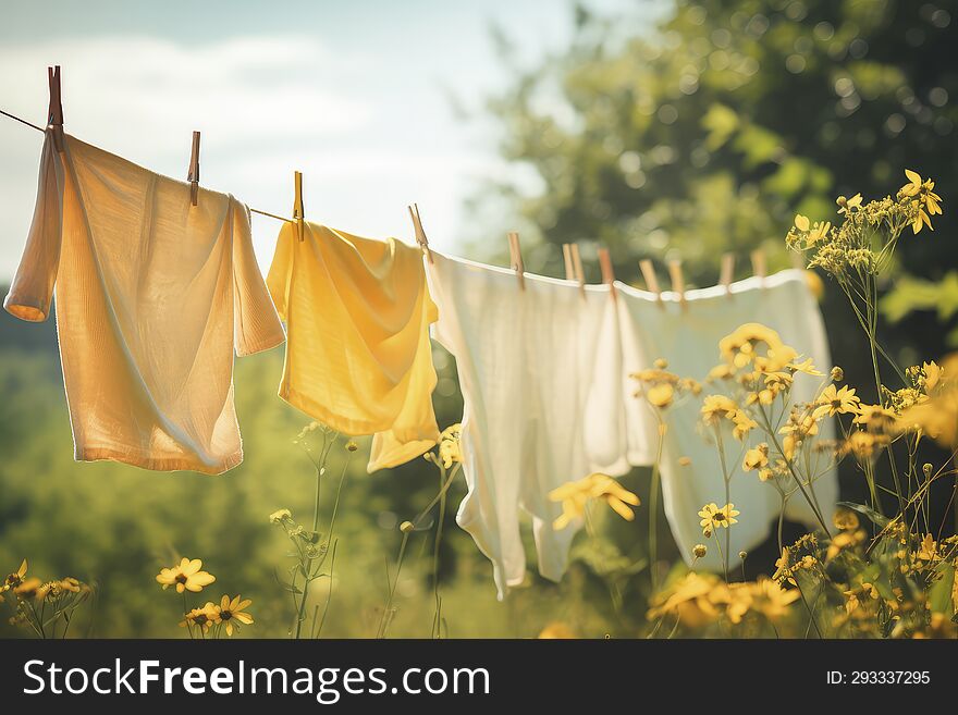 Soft textiles sway gently in the embrace of the summer breeze. The backdrop of greenery and golden flowers adds a touch of rustic charm to the simple act of air-drying.