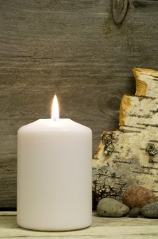 Candle, Birch Bark And Stones Stock Photo Candle, Birch Bark And Stones Stock Photo