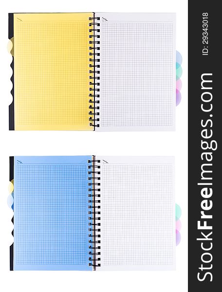 Set turns notebooks into the cage with a blue and yellow background, isolated. Set turns notebooks into the cage with a blue and yellow background, isolated