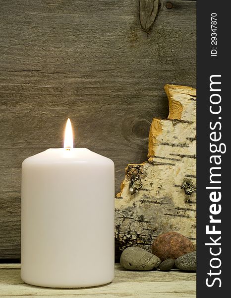 Candle, Birch Bark And Stones