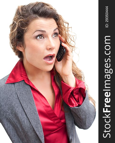 Beautiful Business Woman Talking On Cellphone In Shock